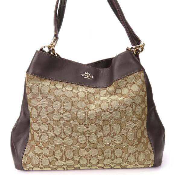 Coach Tote Bag F57612 Signature Canvas Leather Dark Brown Women's COACH
